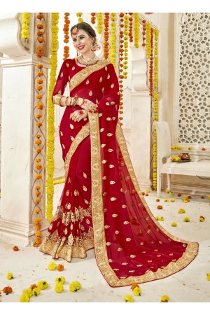 Red Faux  Georgette  Embroidered  Traditional  Saree 5907